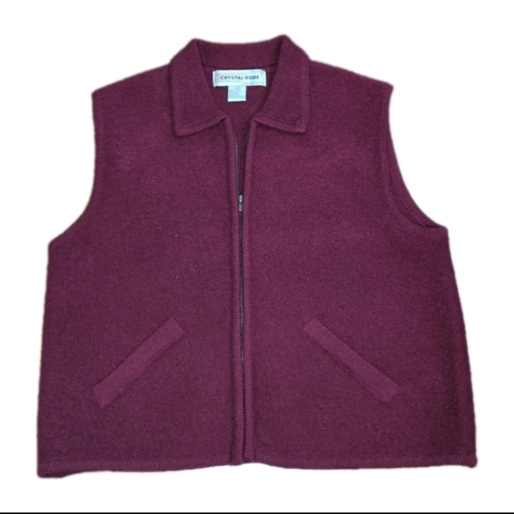 Vintage Crystal Kobe 100% Wool Vest Red Zip Up with Collar Pockets Women's Large